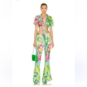 Rococo Sand Green and Pink Flare Pants with Bold Floral Print
